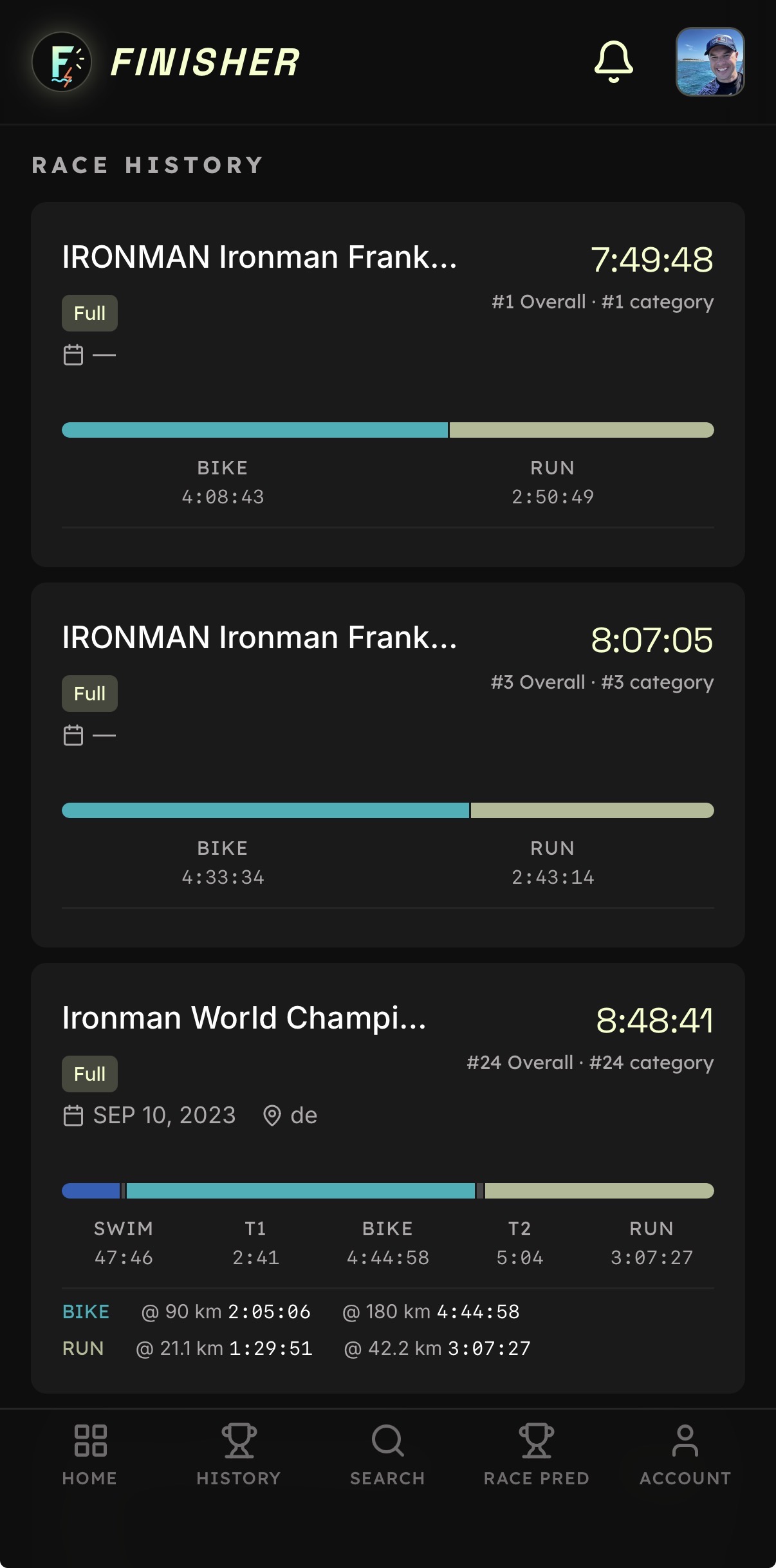 Race history screen